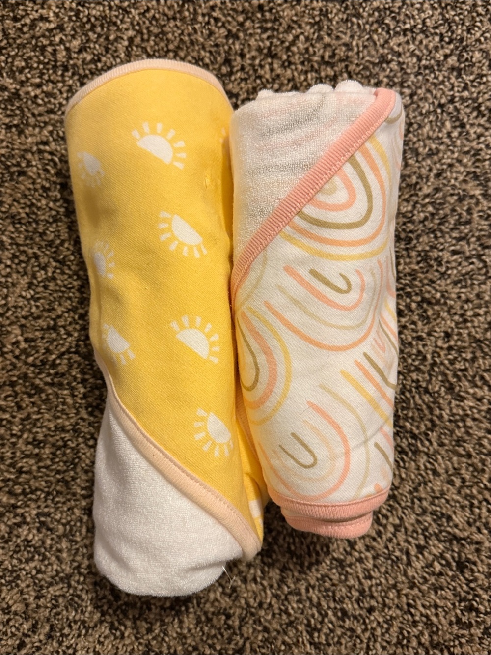 cloud island Yellow & Pink Baby Hooded Towels - Sun & Rainbow Prints
